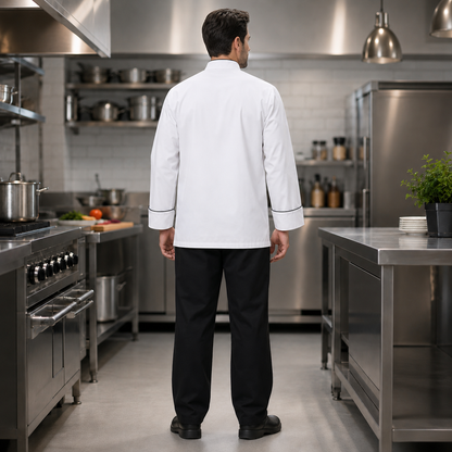 Long Sleeve Chef Coat with Name – White Chef Jacket with Black Piping