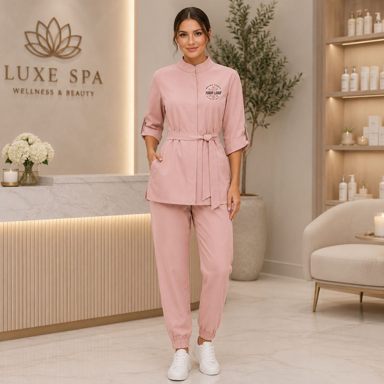 Women’s Spa Uniform Set – Logo Beauty Staff Tunic & Pants