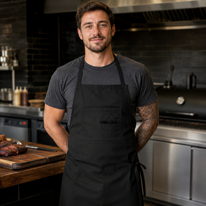 Logo Full-Length Bib Apron – Work Apron with Front Pocket for Cafe & Restaurant Staff