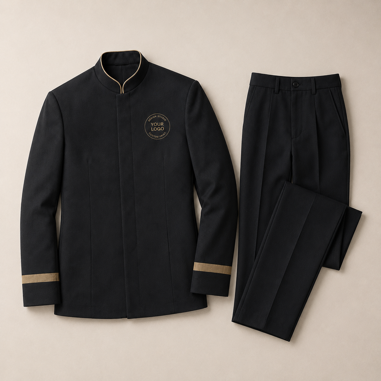 Men’s Hotel Doorman Uniform with Logo – Black Gold Concierge Outfit