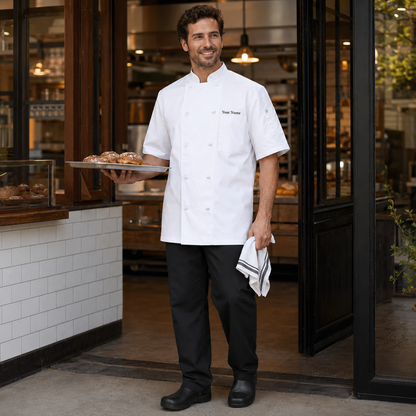 Short Sleeve Chef Coat – White Kitchen Uniform Jacket with Logo