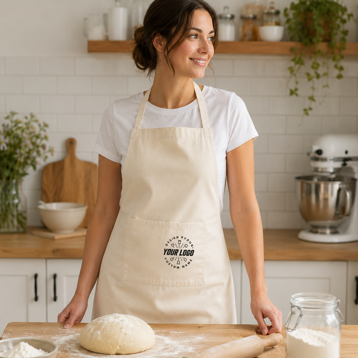 Logo Full-Length Bib Apron – Work Apron with Front Pocket for Cafe & Restaurant Staff