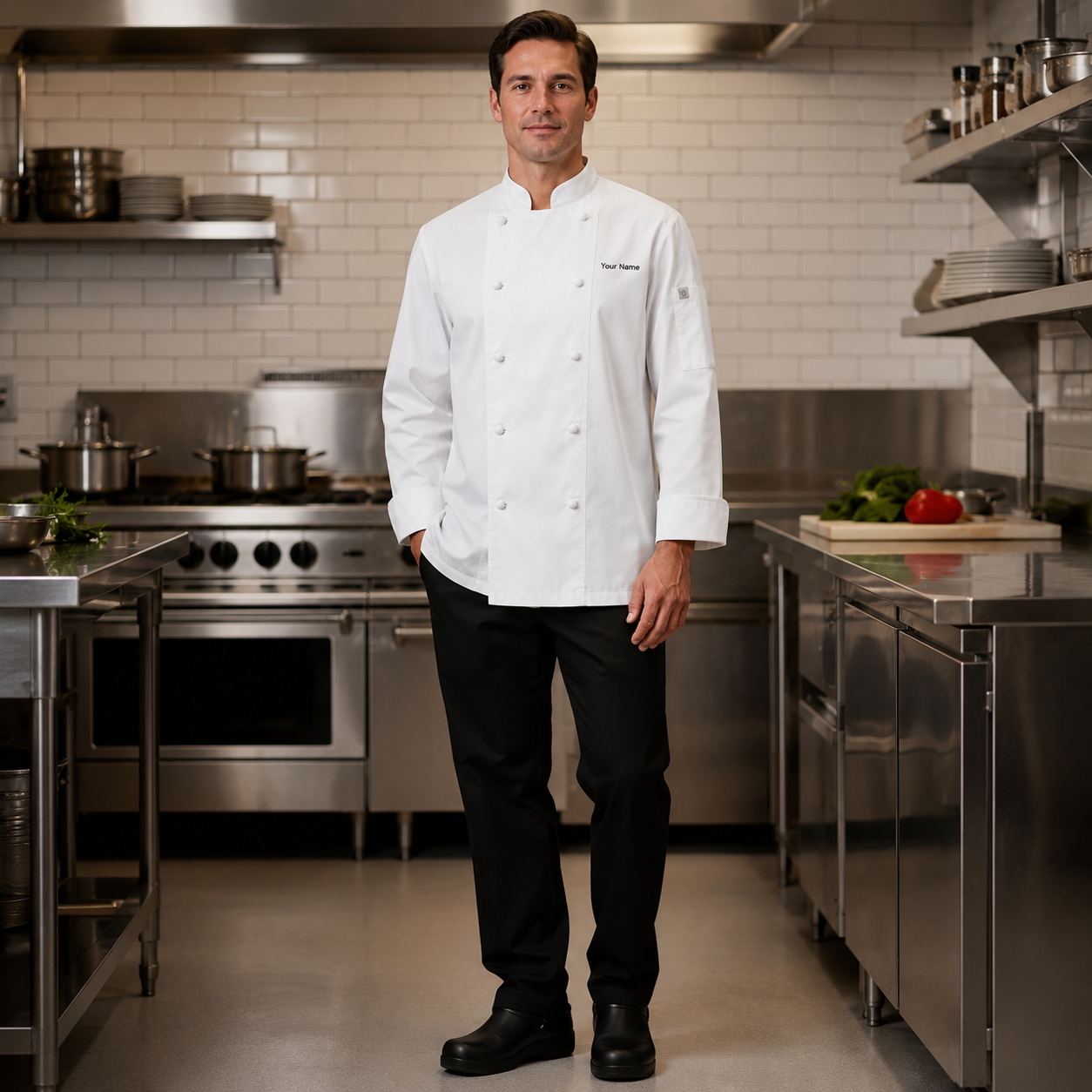 Unisex Long Sleeve Chef Coat – White Professional Kitchen Uniform with Logo
