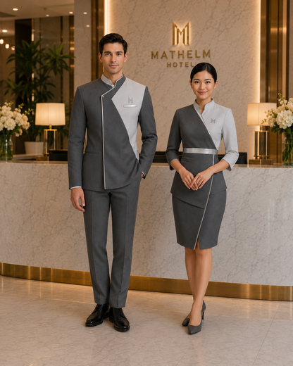 Women’s Spa Receptionist Uniform with Logo – Grey Wrap Front Desk Dress