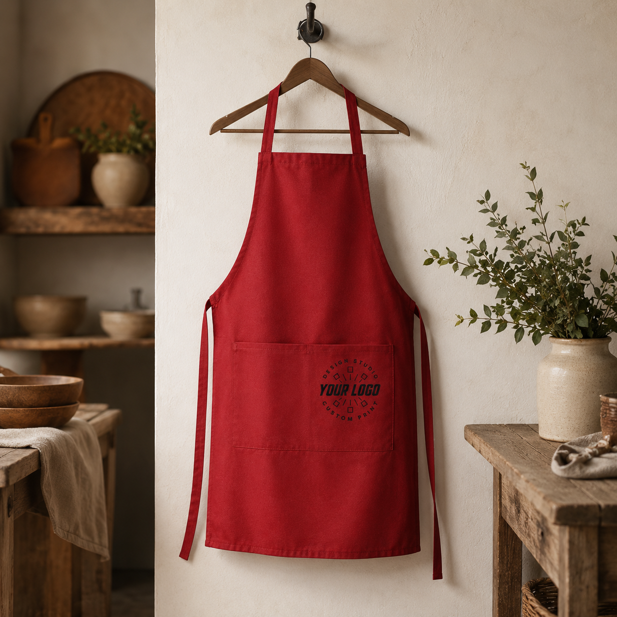 Logo Full-Length Bib Apron – Work Apron with Front Pocket for Cafe & Restaurant Staff