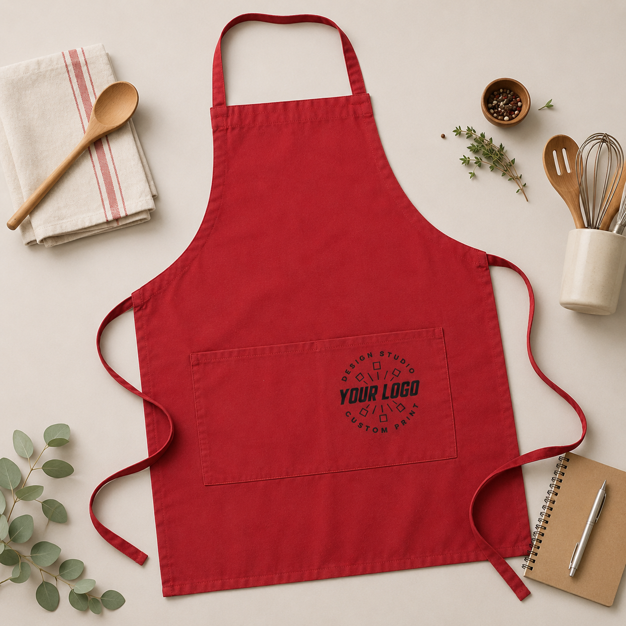 Logo Full-Length Bib Apron – Work Apron with Front Pocket for Cafe & Restaurant Staff