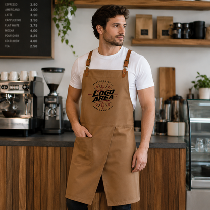 Logo Canvas Bib Apron – Leather Strap Work Apron for Chefs & Baristas