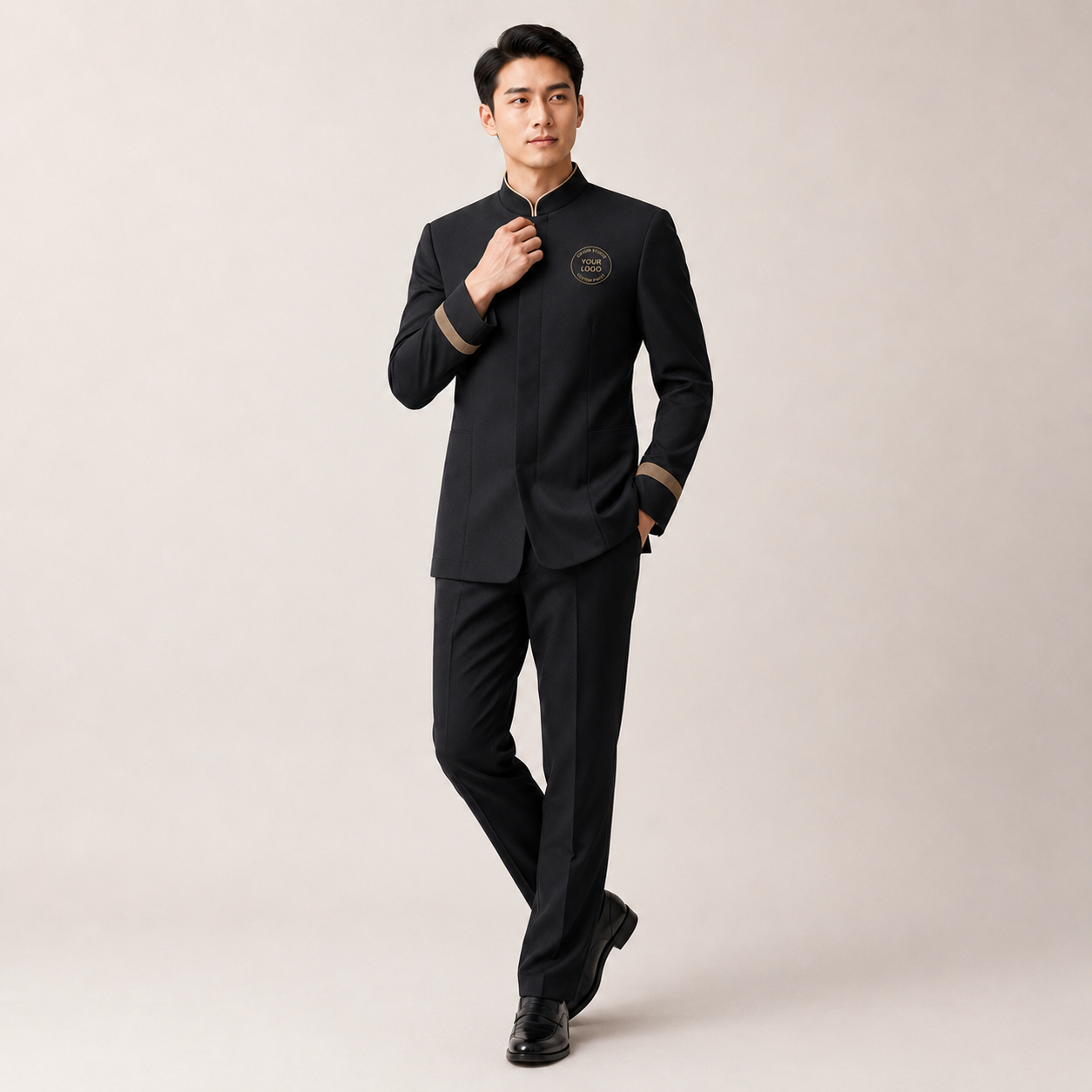Men’s Hotel Doorman Uniform with Logo – Black Gold Concierge Outfit