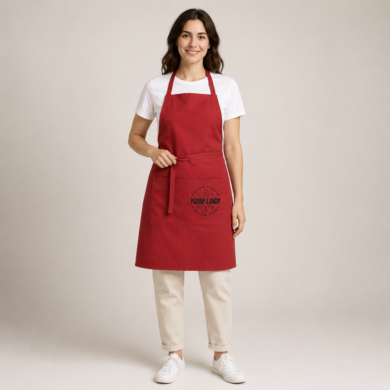Logo Full-Length Bib Apron – Work Apron with Front Pocket for Cafe & Restaurant Staff