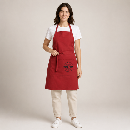 Logo Full-Length Bib Apron – Work Apron with Front Pocket for Cafe & Restaurant Staff