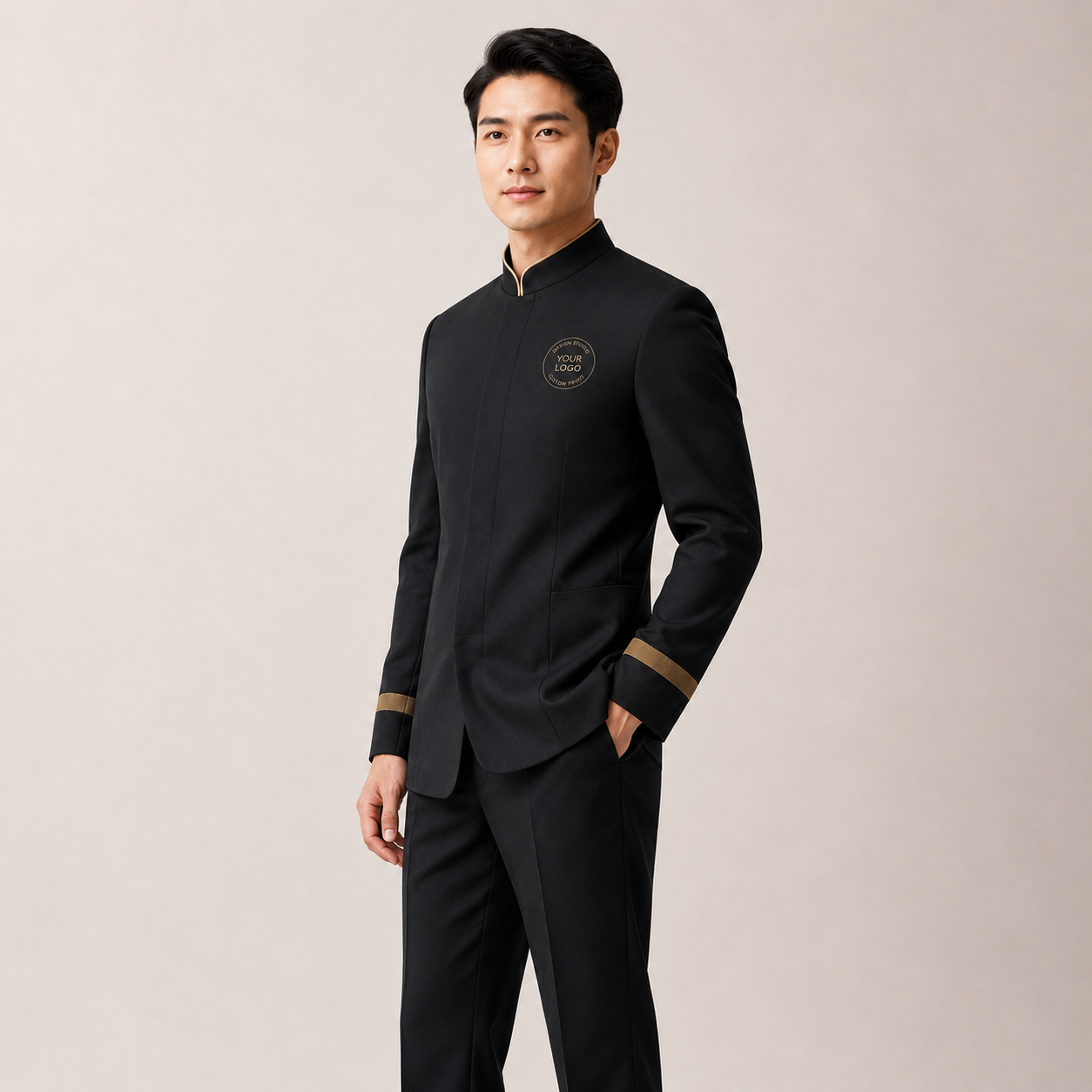 Men’s Hotel Doorman Uniform with Logo – Black Gold Concierge Outfit