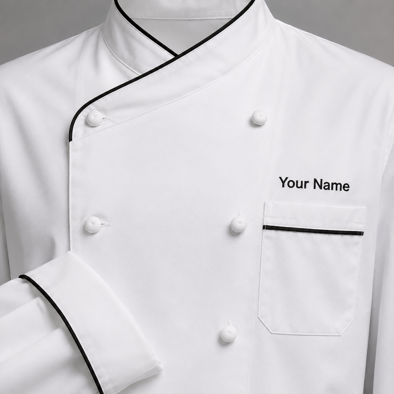 Long Sleeve Chef Coat with Name – White Chef Jacket with Black Piping