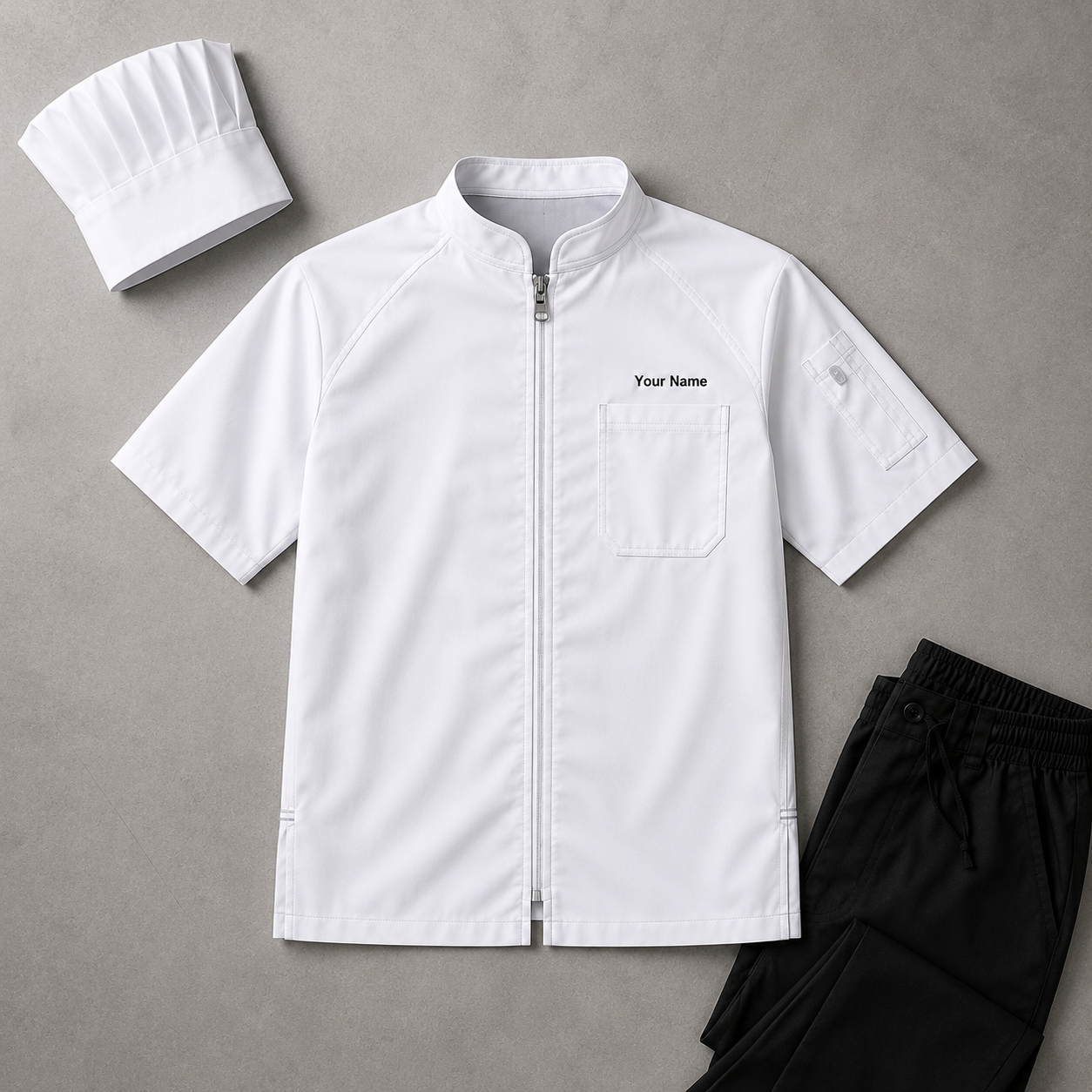 Unisex Zip-Front Chef Coat – Short Sleeve Kitchen Uniform with Logo