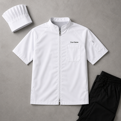 Unisex Zip-Front Chef Coat – Short Sleeve Kitchen Uniform with Logo