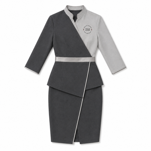 Women’s Spa Receptionist Uniform with Logo – Grey Wrap Front Desk Dress