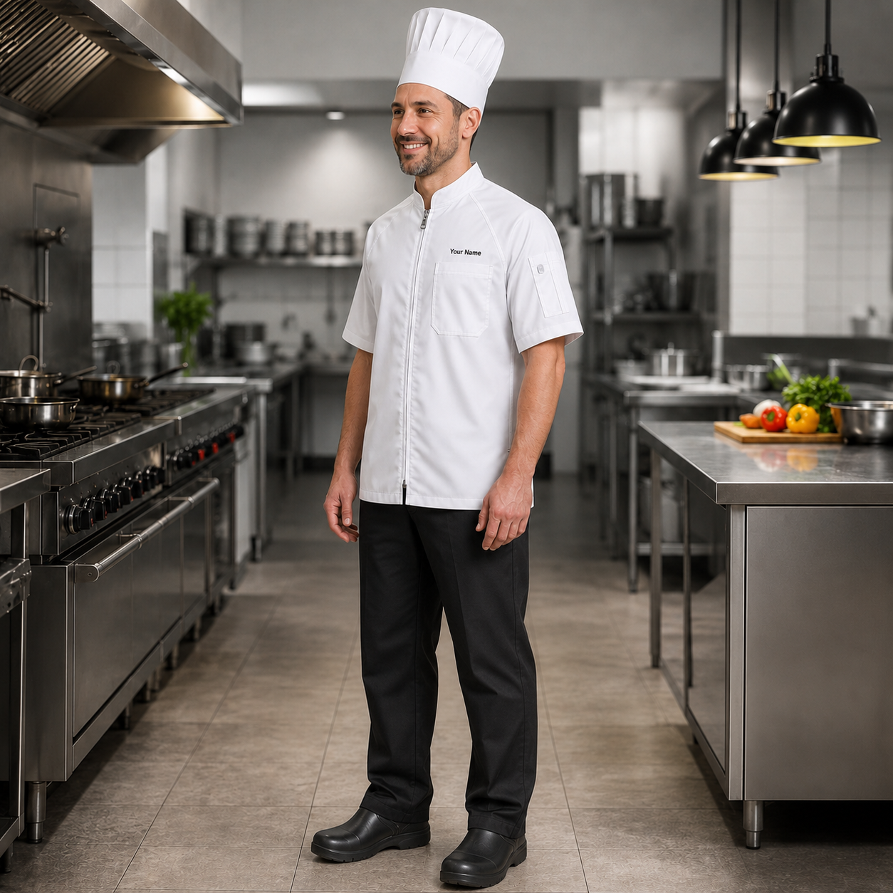 Unisex Zip-Front Chef Coat – Short Sleeve Kitchen Uniform with Logo