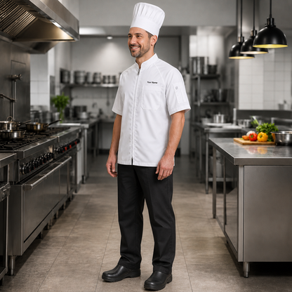 Unisex Zip-Front Chef Coat – Short Sleeve Kitchen Uniform with Logo