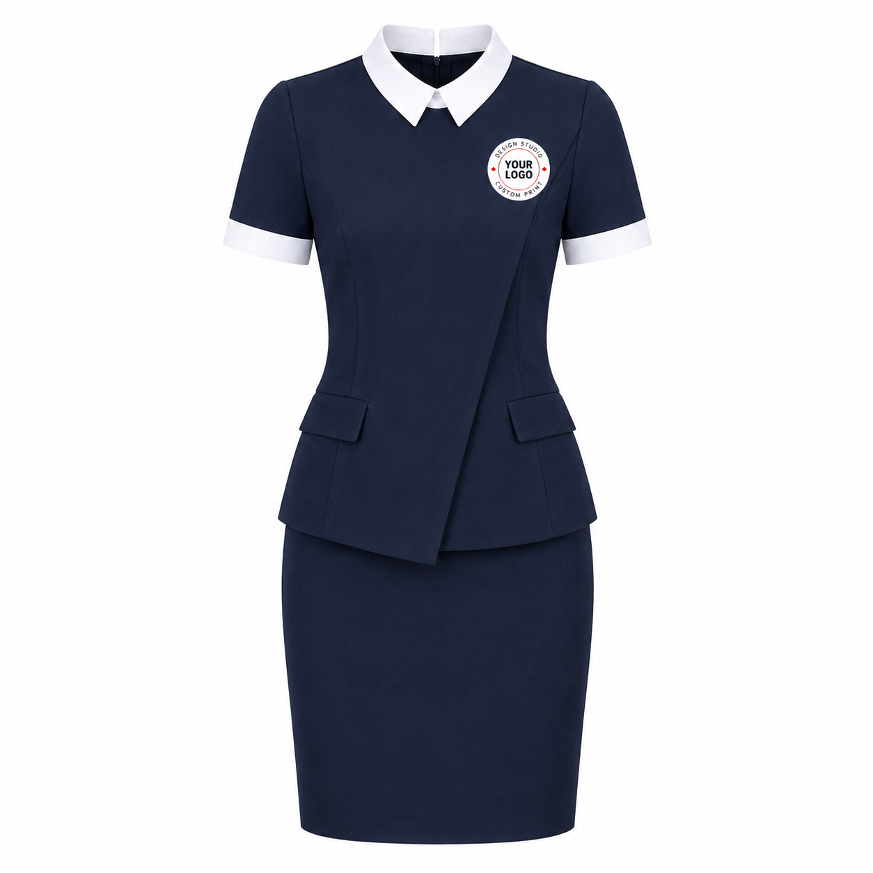 Spa Receptionist Uniform Set with Logo – Navy White Salon Front Desk Outfit
