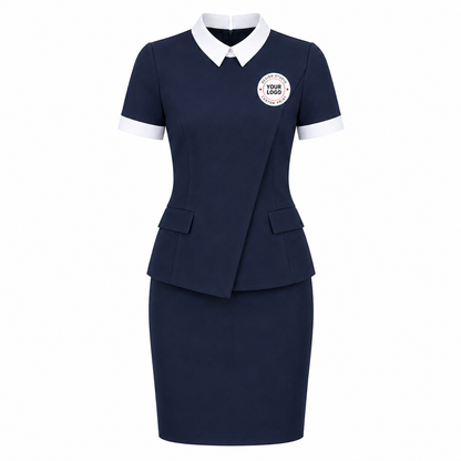 Spa Receptionist Uniform Set with Logo – Navy White Salon Front Desk Outfit