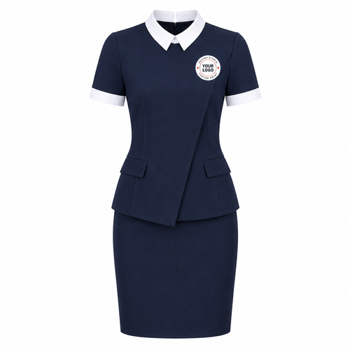 Spa Receptionist Uniform Set with Logo – Navy White Salon Front Desk Outfit