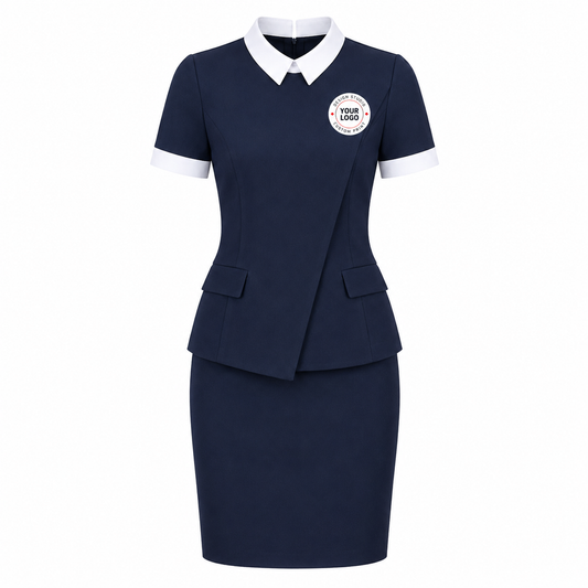 Spa Receptionist Uniform Set with Logo – Navy White Salon Front Desk Outfit