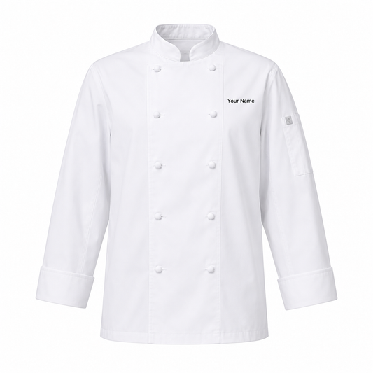 Unisex Long Sleeve Chef Coat – White Professional Kitchen Uniform with Logo