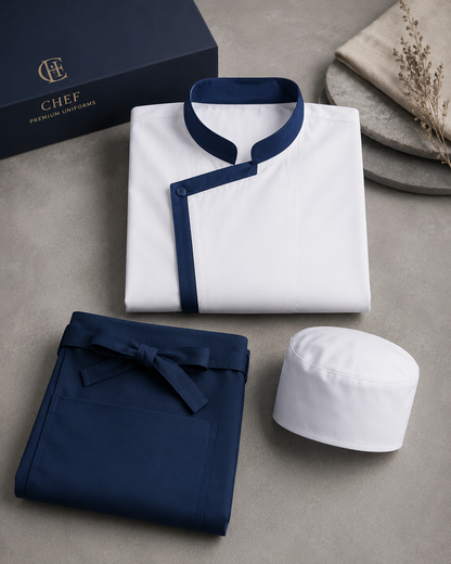3-Piece Chef Uniform Set – Embroidered Jacket, Apron & Hat for Restaurant Staff