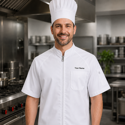 Unisex Zip-Front Chef Coat – Short Sleeve Kitchen Uniform with Logo
