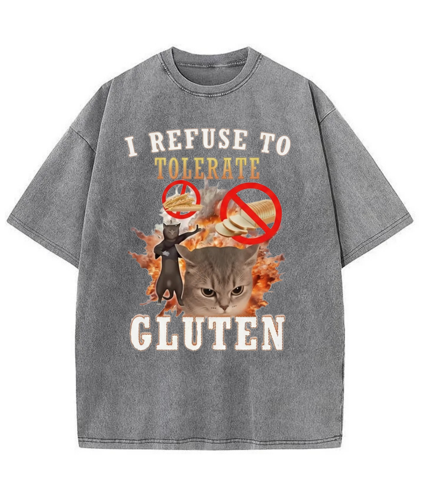 Washed Gluten Cat Graphic Streetwear Tee