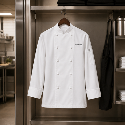 Unisex Long Sleeve Chef Coat – White Professional Kitchen Uniform with Logo