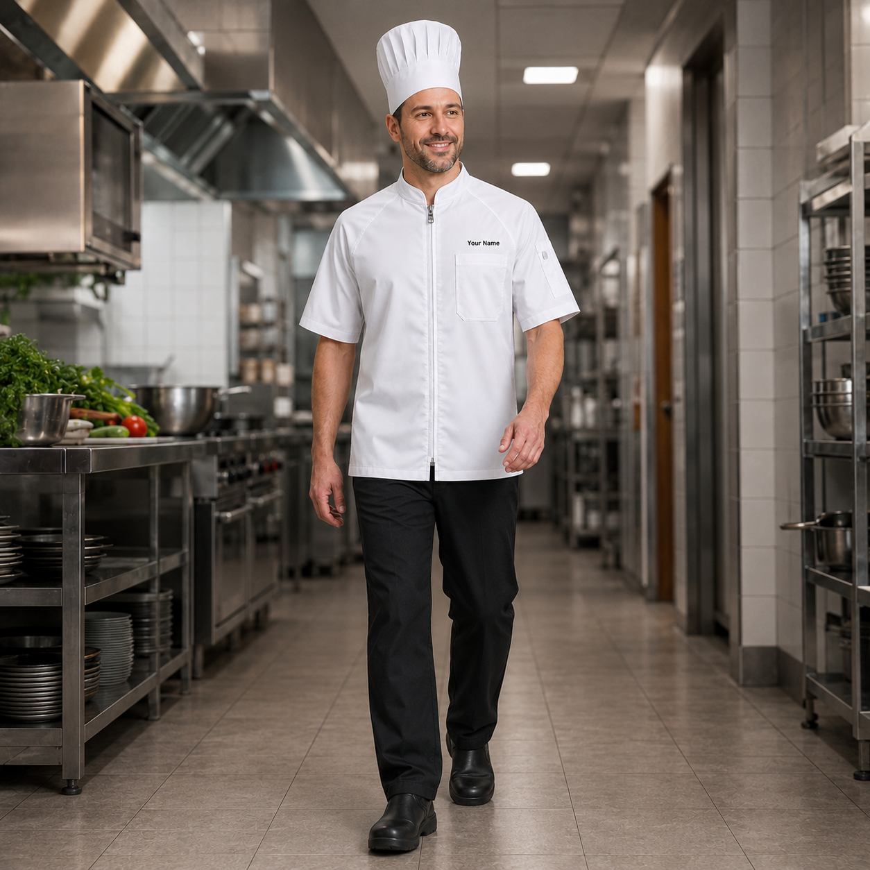 Unisex Zip-Front Chef Coat – Short Sleeve Kitchen Uniform with Logo