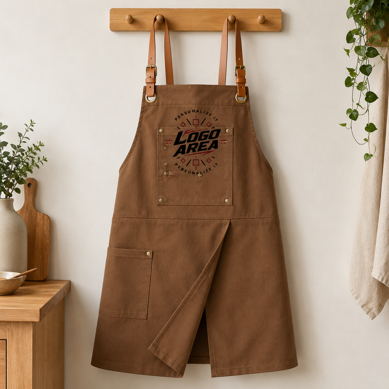 Logo Canvas Bib Apron – Leather Strap Work Apron for Chefs & Baristas