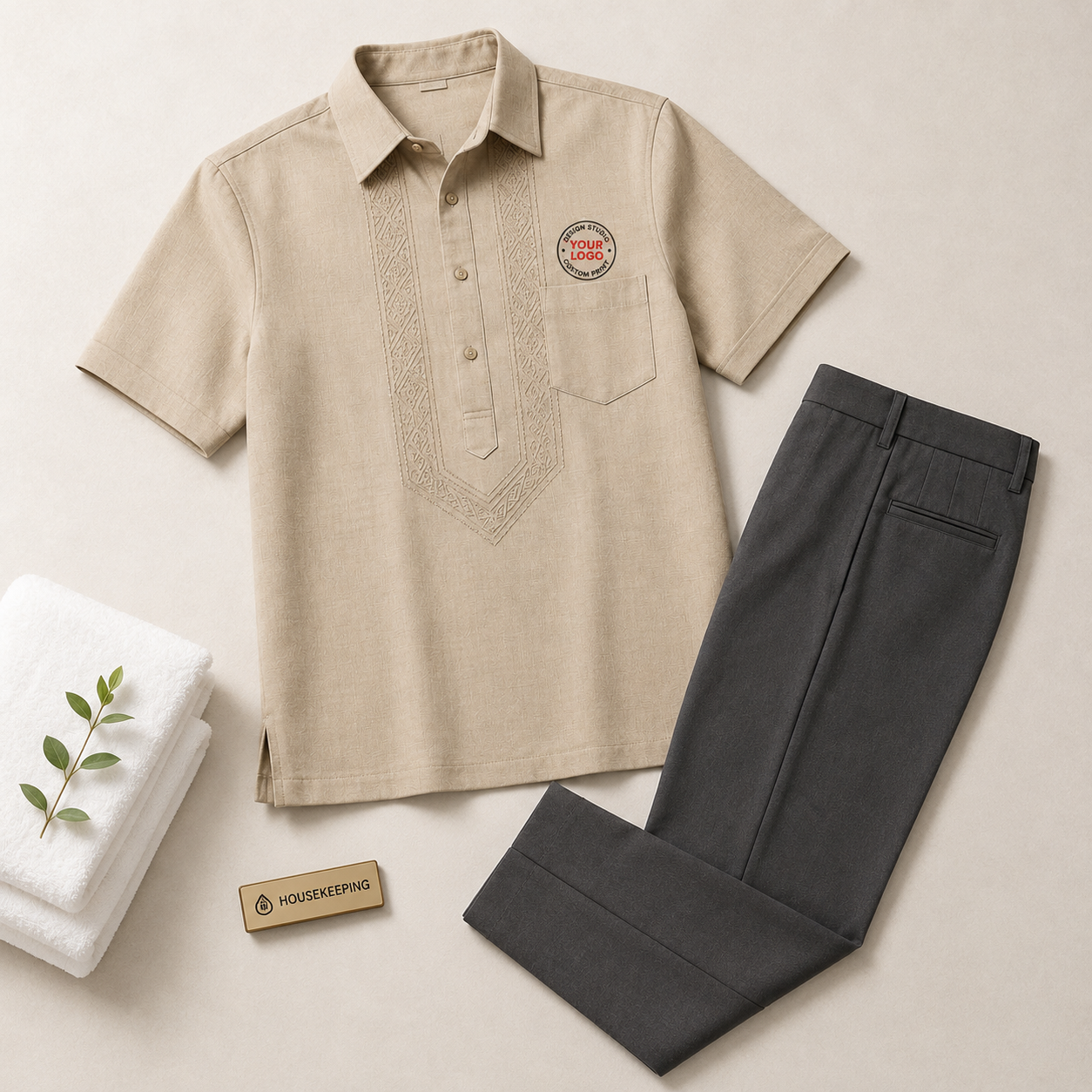 Men’s Housekeeping Uniform with Logo – Hotel Room Attendant Shirt & Pants