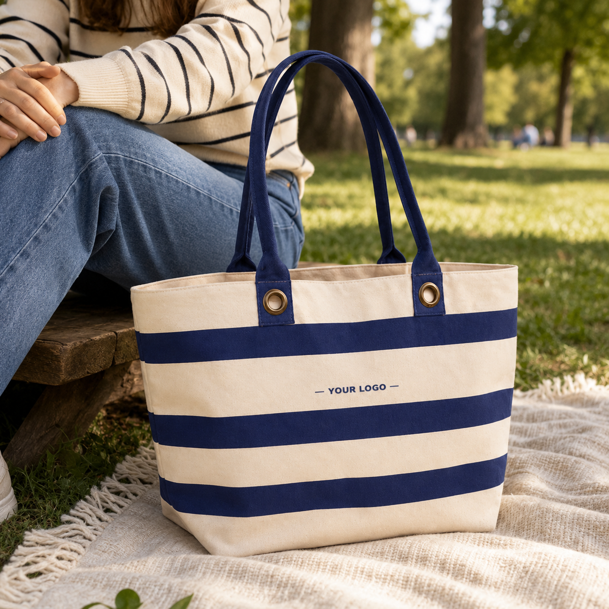 Striped Canvas Tote Bag with Logo – Nautical Beach & Shopping Tote