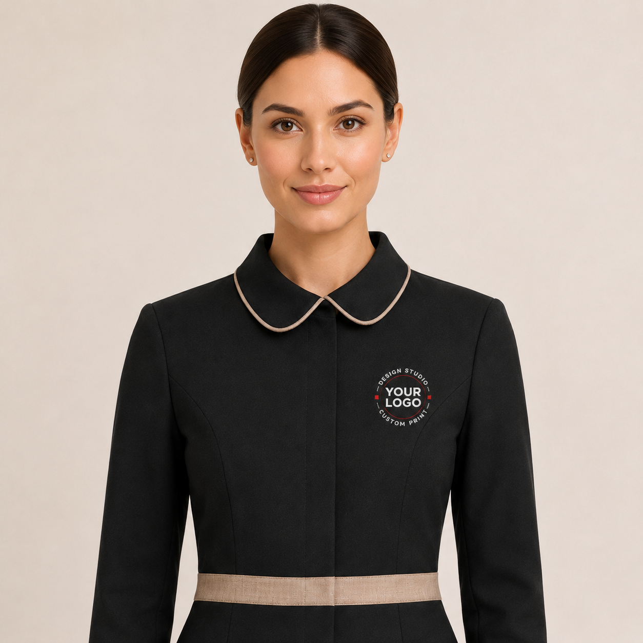 Women’s Hotel Receptionist Uniform with Logo – Black Beige Front Desk Outfit