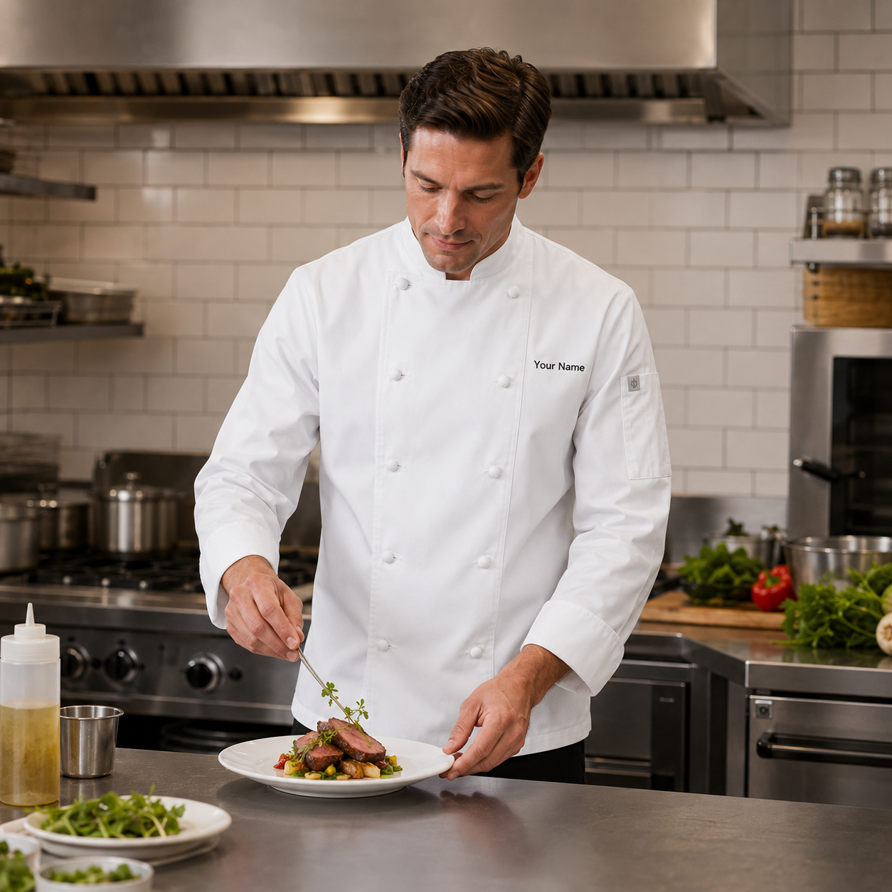Unisex Long Sleeve Chef Coat – White Professional Kitchen Uniform with Logo