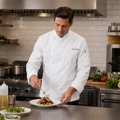 Unisex Long Sleeve Chef Coat – White Professional Kitchen Uniform with Logo