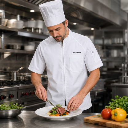 Unisex Zip-Front Chef Coat – Short Sleeve Kitchen Uniform with Logo