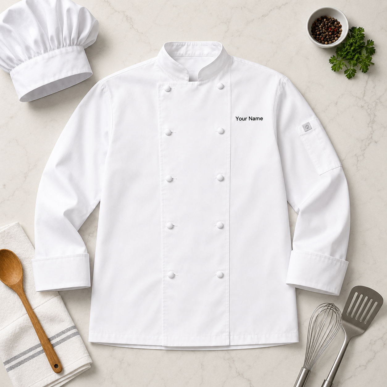 Unisex Long Sleeve Chef Coat – White Professional Kitchen Uniform with Logo