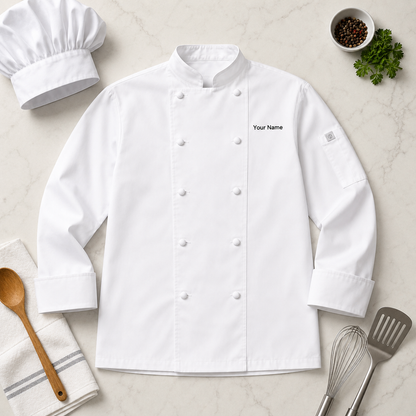 Unisex Long Sleeve Chef Coat – White Professional Kitchen Uniform with Logo