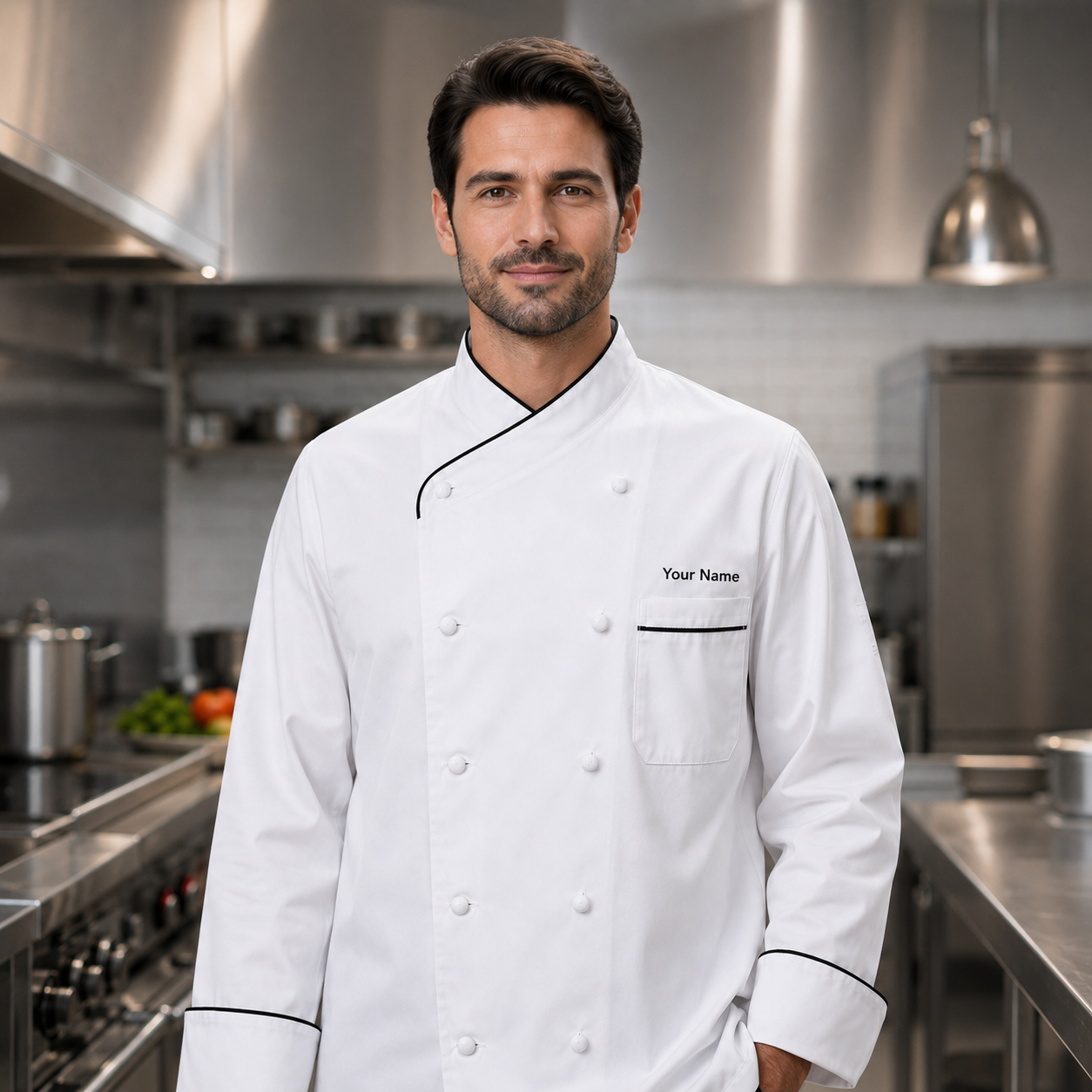 Long Sleeve Chef Coat with Name – White Chef Jacket with Black Piping