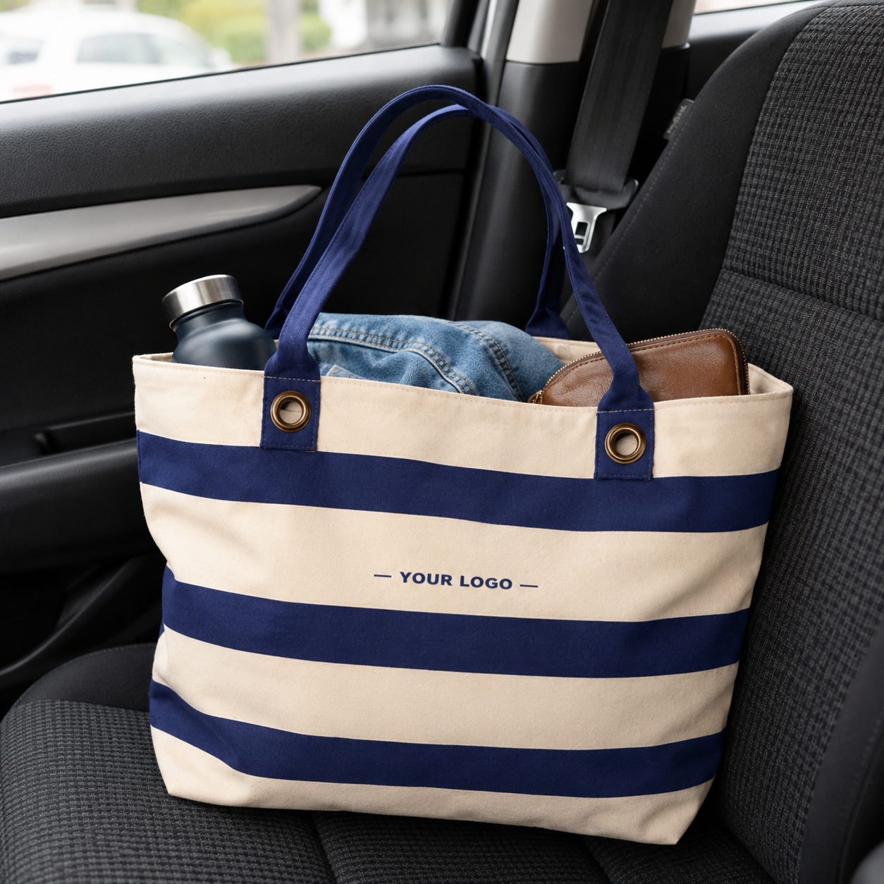 Striped Canvas Tote Bag with Logo – Nautical Beach & Shopping Tote