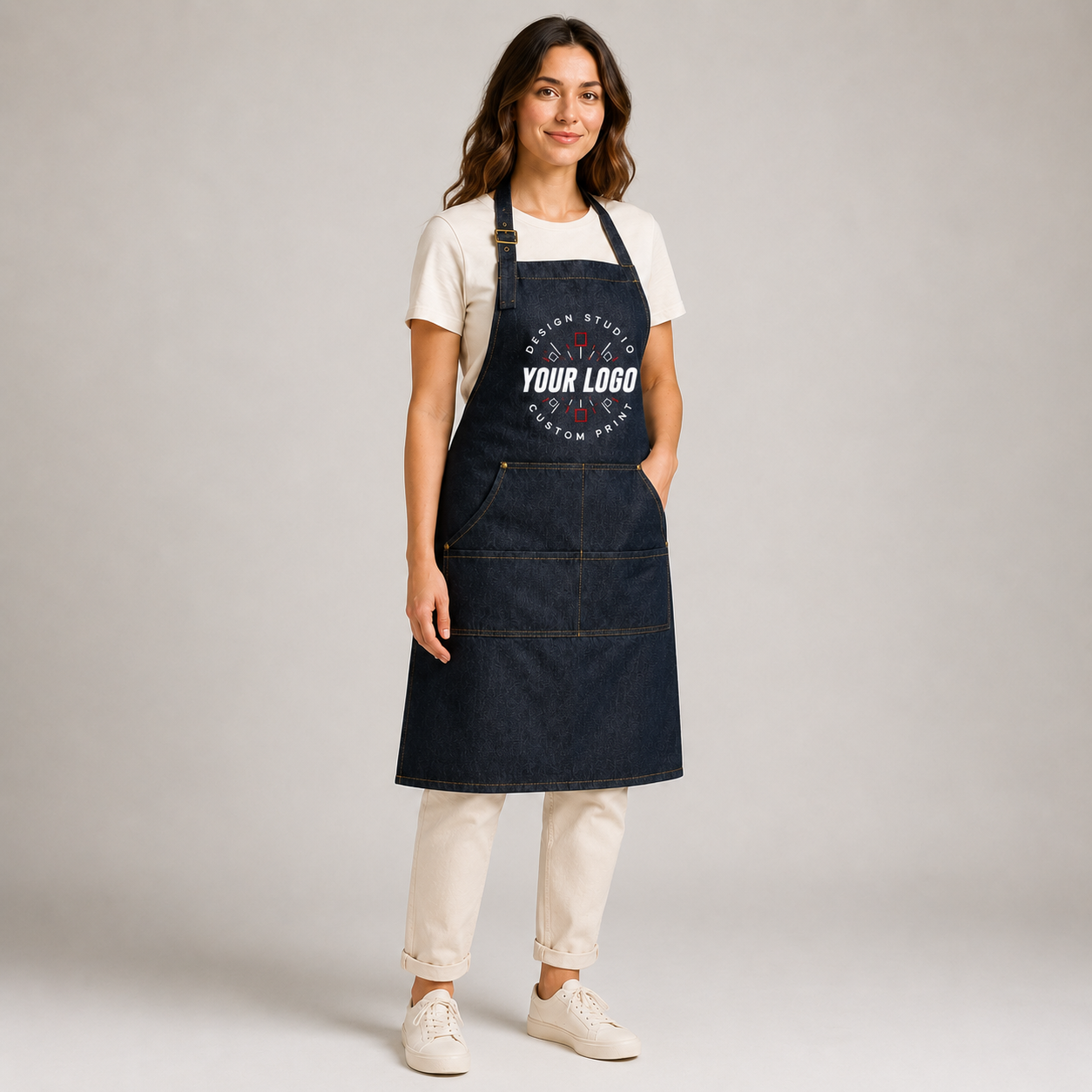 Logo Denim Bib Apron – Unisex Work Apron with Pockets