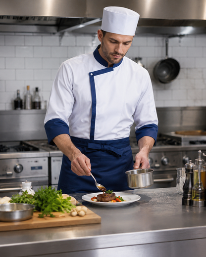 3-Piece Chef Uniform Set – Embroidered Jacket, Apron & Hat for Restaurant Staff