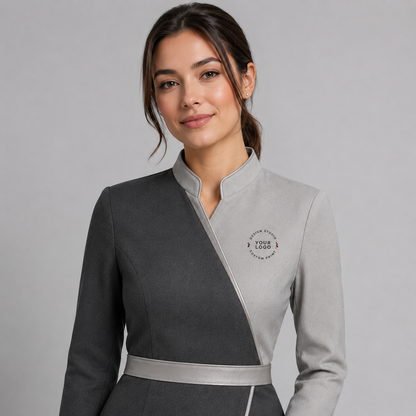 Women’s Spa Receptionist Uniform with Logo – Grey Wrap Front Desk Dress