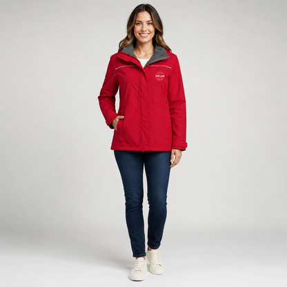 Women’s Waterproof Jacket with Logo – Red Fleece-Lined Hooded Jacket