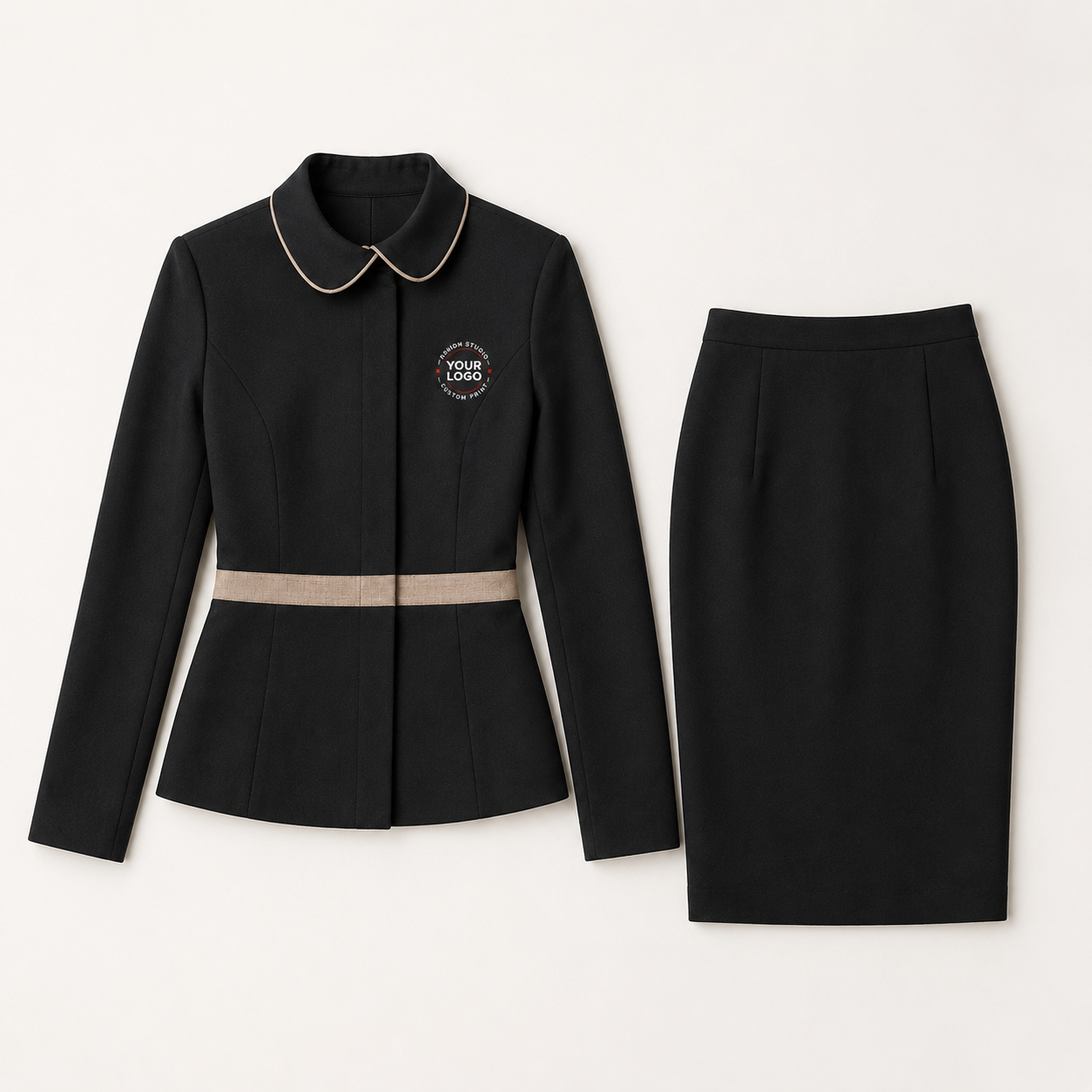 Women’s Hotel Receptionist Uniform with Logo – Black Beige Front Desk Outfit