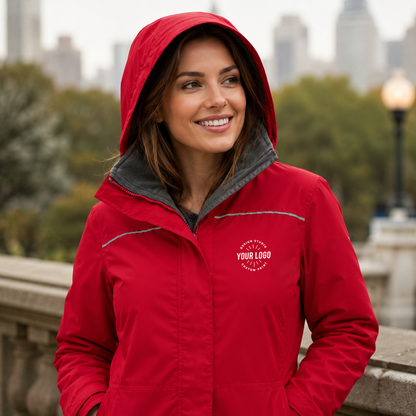 Women’s Waterproof Jacket with Logo – Red Fleece-Lined Hooded Jacket