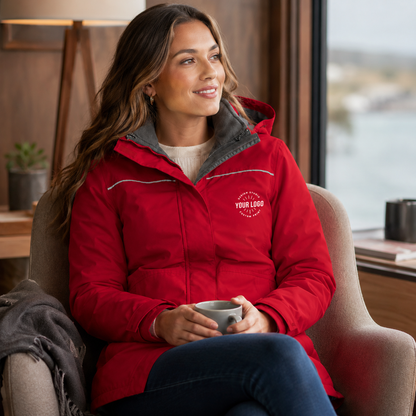 Women’s Waterproof Jacket with Logo – Red Fleece-Lined Hooded Jacket