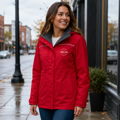 Women’s Waterproof Jacket with Logo – Red Fleece-Lined Hooded Jacket
